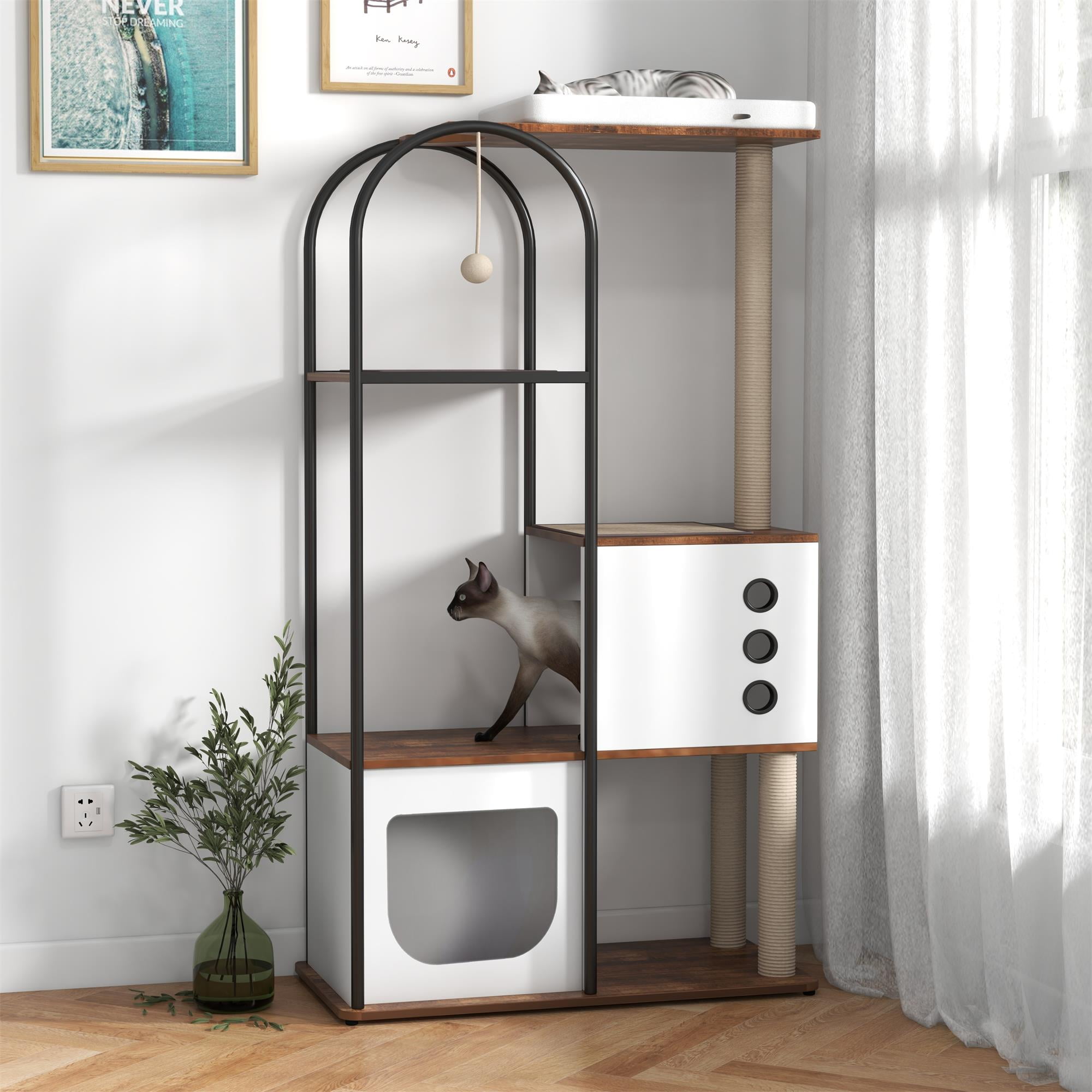 Pefilos 60" Wood Cat Condo for Adult Cats, Cat Tree Tower with Scratcher Post, Climb Cat Tree House for Indoor Cats, White Pefilos 60" Wood Cat Condo for Adult Cats, Cat Tree Tower with Scratcher Post, Climb Cat Tree House for Indoor Cats, White