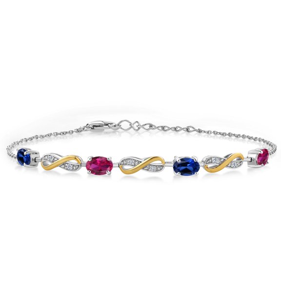 Gem Stone King 2.25 Ct Blue Created Sapphire Red Created Ruby 925 Silver and 10K Yellow Gold Lab Grown Diamond Infinity Bracelet for Women Mother's Mom Wife Her, Fully Adjustable up to 7.5 inch)