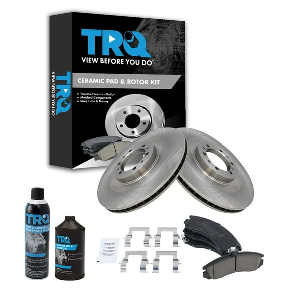 TRQ Front Posi Ceramic Brake Pad & Rotor Kit w/Chemicals for 00-04 Montero Sport BKA15561