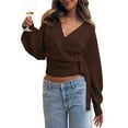 thumbnail image 2 of Women'S V Neck Wrap Sweater Long Lantern Sleeve Cinched Waist Crop Tops Fall Knitwear Brown XL, 2 of 9