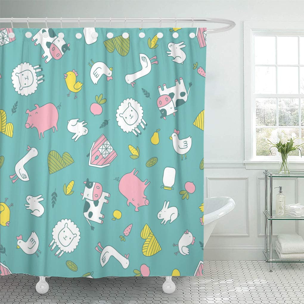 CYNLON Cute Funny Seamless Pattern Farm Cow Chicken Goose Bathroom