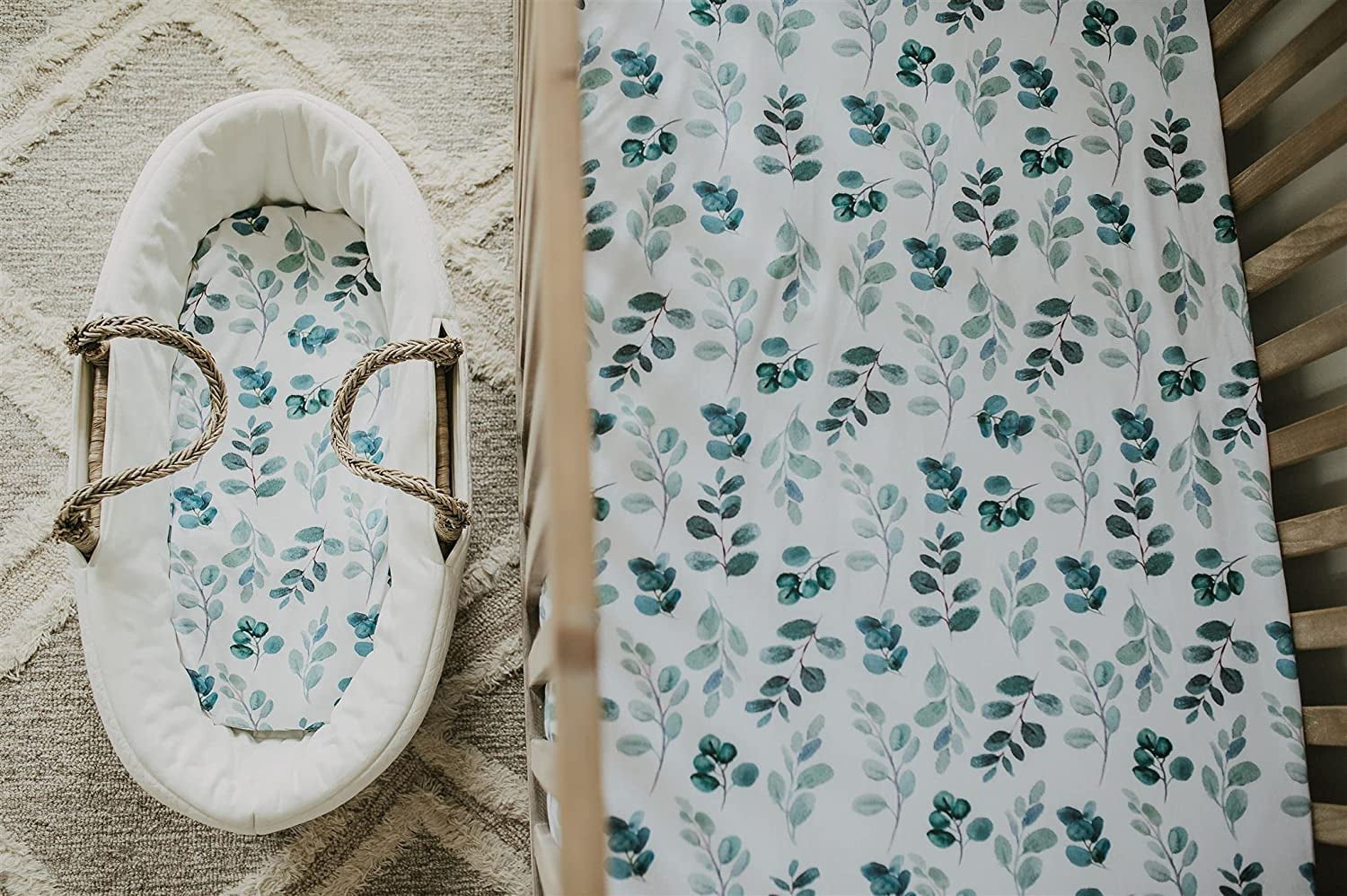 NODNAL CO. Green Leafy Cotton Bassinet Fitted Sheet Set, 100% OEKO-TEX Cotton, 3 Pieces, for Newborn Infant Baby Girl or Boy Nursery Bedding, Gender Neutral Leafs, Greenery, Floral Eucalyptus