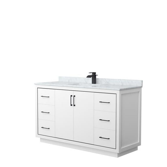 60 in. Icon Single Bathroom Vanity, White, White Carrara Marble Countertop, Undermount Square Sink & Matte Black Trim