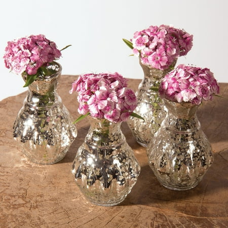 Wedding Flower Vase Vintage Mercury Glass Vase (4-Inch, Bernadette Mini Ribbed Design, Silver, Set of 4) - Decorative Flower Vase - For Home Decor and Wedding Centerpieces ()