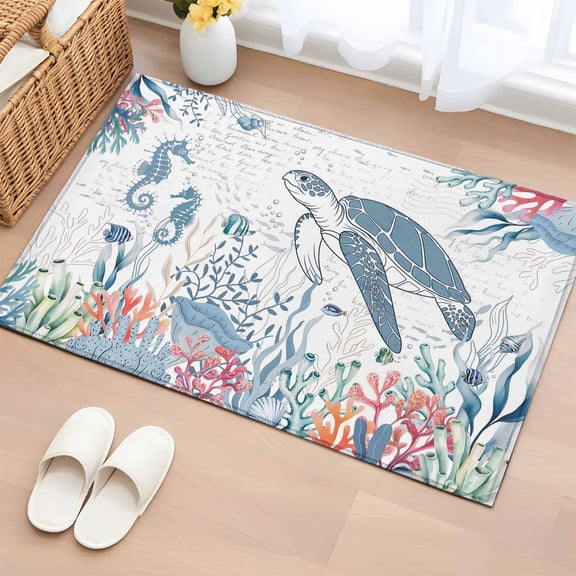 2x3 Ft Entryway Area Rug, Coastal Turtle Kitchen Rug Runner Washable Floor Mat, Summer Beach Nautical Ocean Coral Seahorse Non Slip Indoor Door Mat Throw Carpet for Bathroom Living Room Bedroom