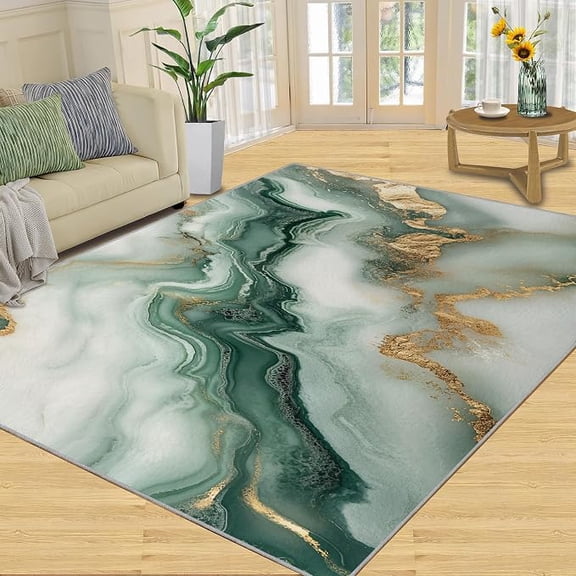 Marble Rug, Luxury Stone Texture Rugs for Living Room, Green & Gold Washable Rugs for Bedroom, Low Pile & Non Slip, Indoor Carpet, Area Rug & Home Decor 3 x 4ft