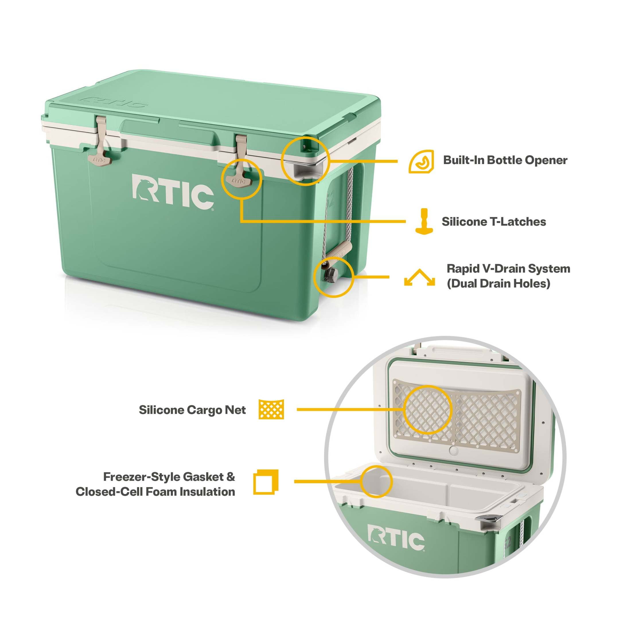 RTIC 52 QT Hard-Sided Ice Chest Cooler, Ultra-Light, Fits 76 Cans, Sage/Beach