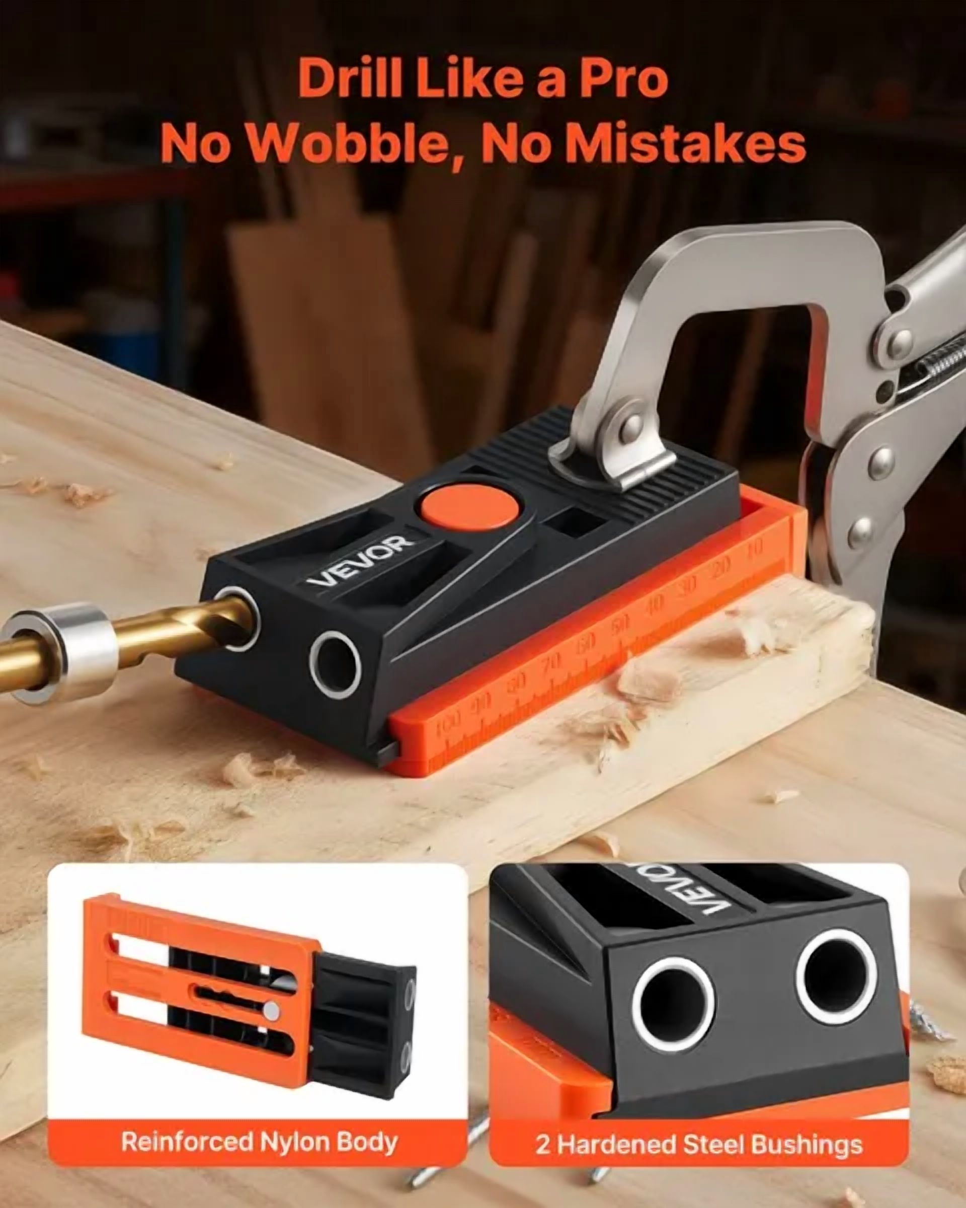 Adjustable Pocket Hole Jig Kit for Woodworking-Mini System with Step Drill,Hex Wrench,Drill Stop Ring,Square Drive Bit&Screws,Reinforced Nylon Frame