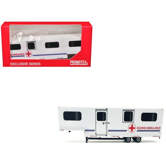 Equine Ambulance Trailer White with Blue Stripes 1/87 HO Plastic Model by Promotex