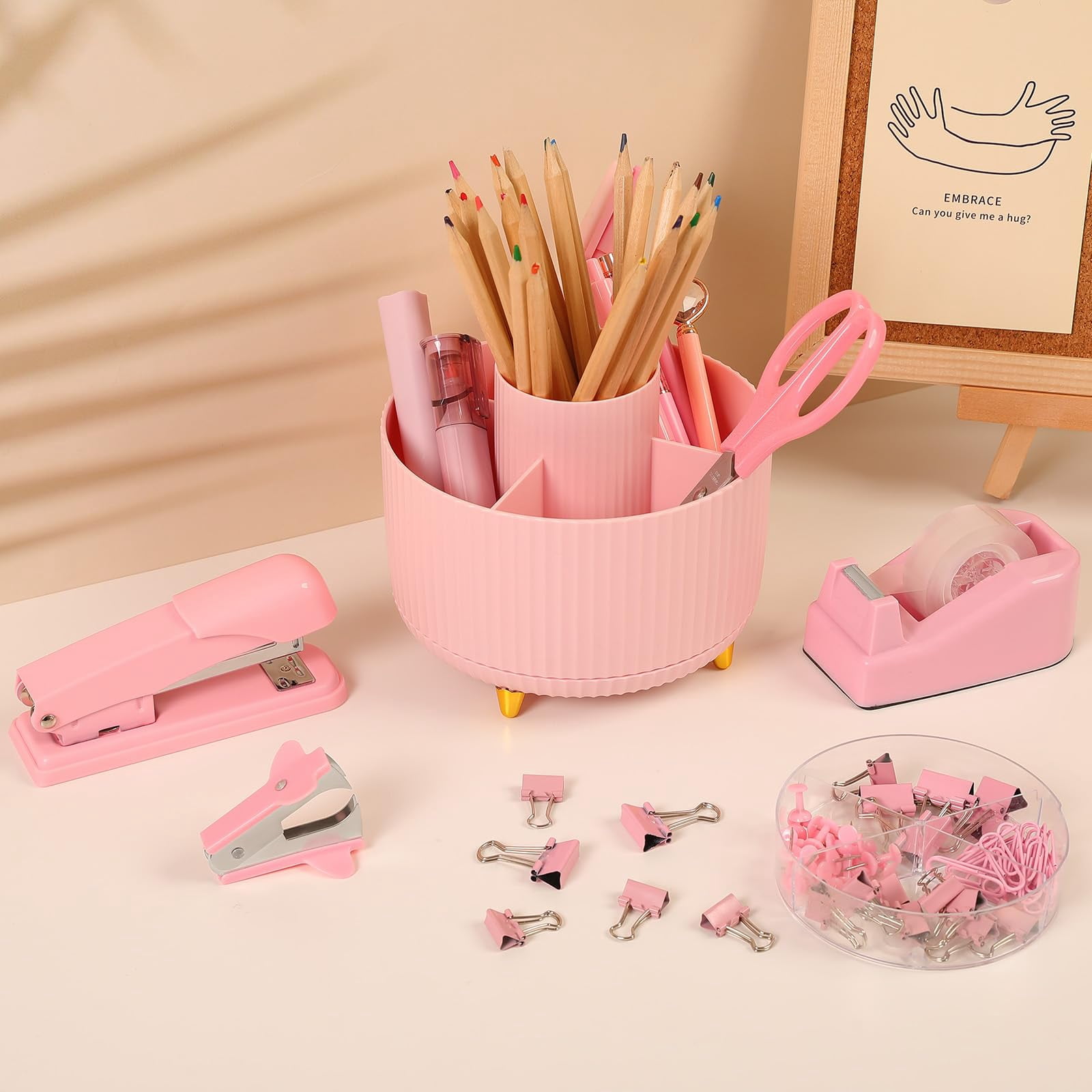 Pink Office Supplies Set  Pencil Holder For Desk Gel Pen Stapler Tape Dispenser Clips And 1000pcs Staples Decor Women Accessories