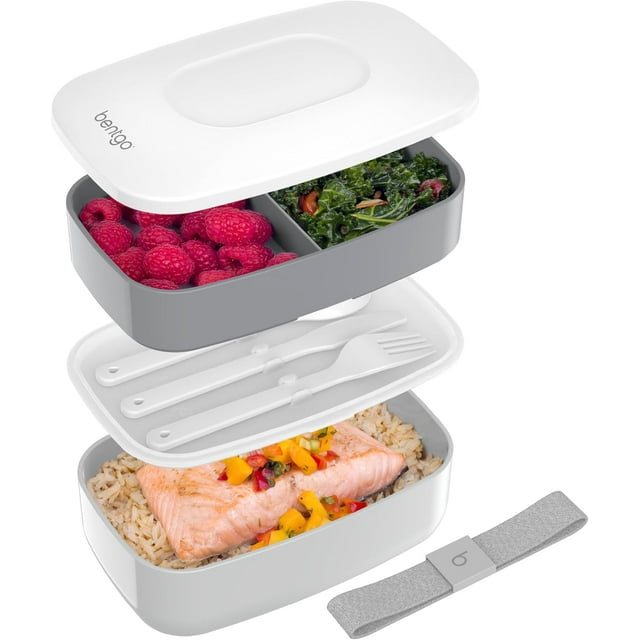 Bentgo Classic - Contenant de Boîte à Lunch Bento Empilable Tout-en-un - Design Moderne de Style Bento Comprenant 2 Contenants Empilables, un Ensemble d'Ustensiles en Plastique Intégré et une Sangle d'Étanchéité en Nylon (Gris)