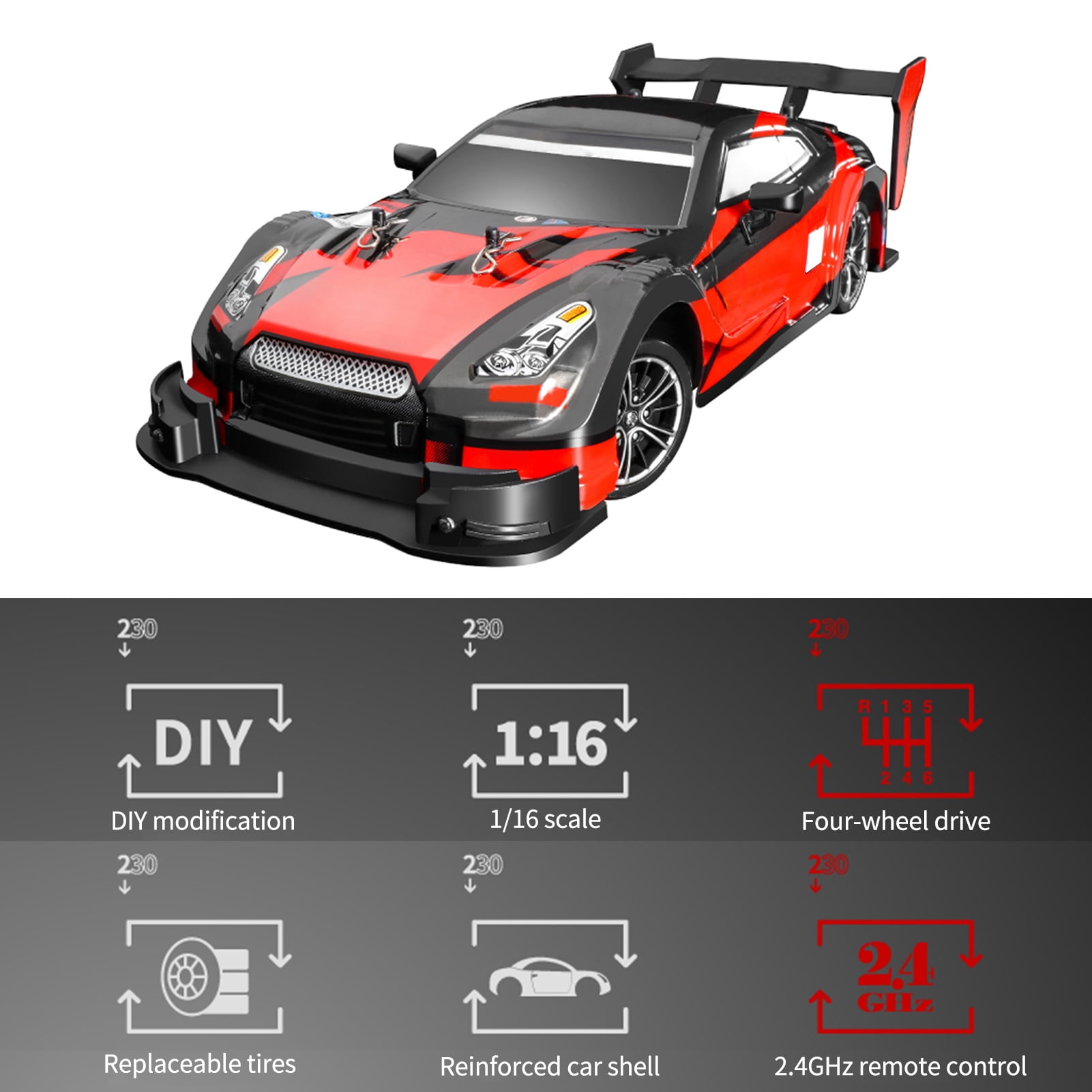 Pinnaco 1/16 RC Drift Car 2.4GHz 4WD High Speed Racing Vehicle 30km/h Drift Wheels Remote Control