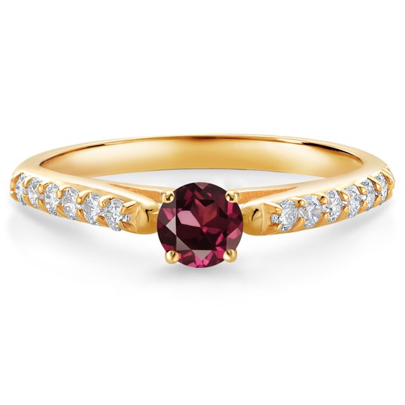 Gem Stone King 10K Yellow Gold Red Rhodolite Garnet and White Lab Grown Diamond Engagement Ring for Women (0.55 Cttw, Gemstone January Birthstone, Round 4MM, Size 6)