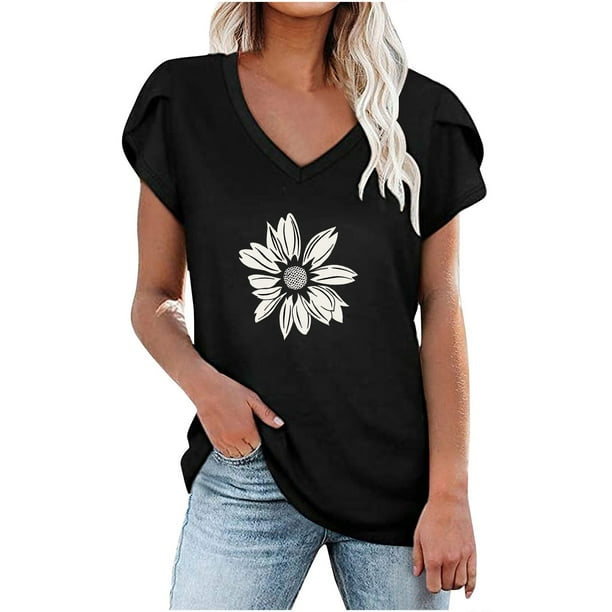 Blusa informal con estampado de manga corta y cuello en V de verano para mujer con estilo OAVQHLG3B Store lin121212