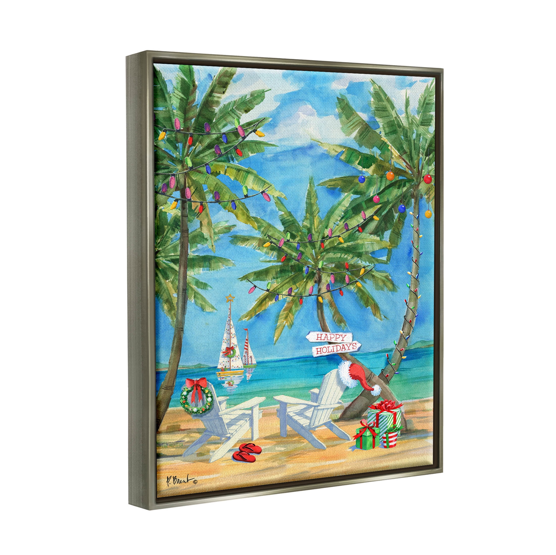 Stupell Industries Holiday Palms Warm Island Winter Painting Luster Gray Floating Framed Canvas Print Wall Art, Design by Paul Brent