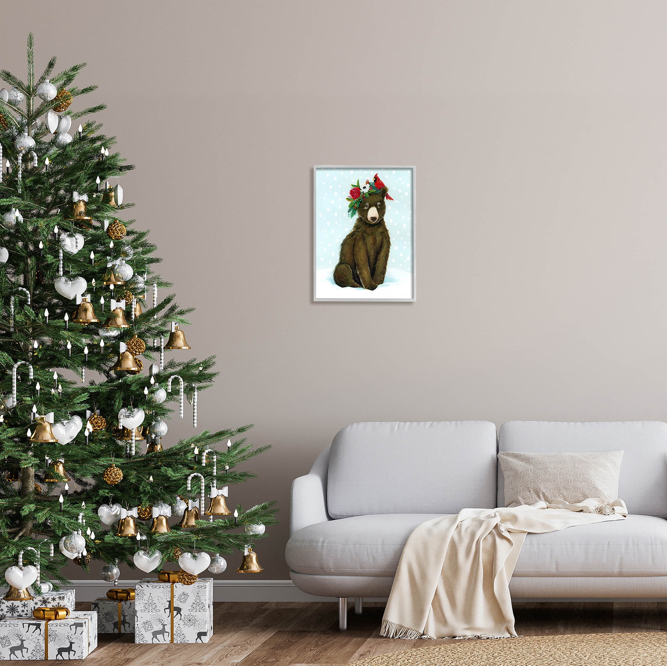 Stupell Industries Bear Seasonal Holly Snow Scene Graphic Art Gray Framed Art Print Wall Art, Design by Laura Marr