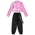 thumbnail image 4 of Alvivi Girls 2pcs Sparkle Jazz Hip Hop Dance Outfit Long Sleeve Crop Top with Cargo Pants Set Pink 12, 4 of 5
