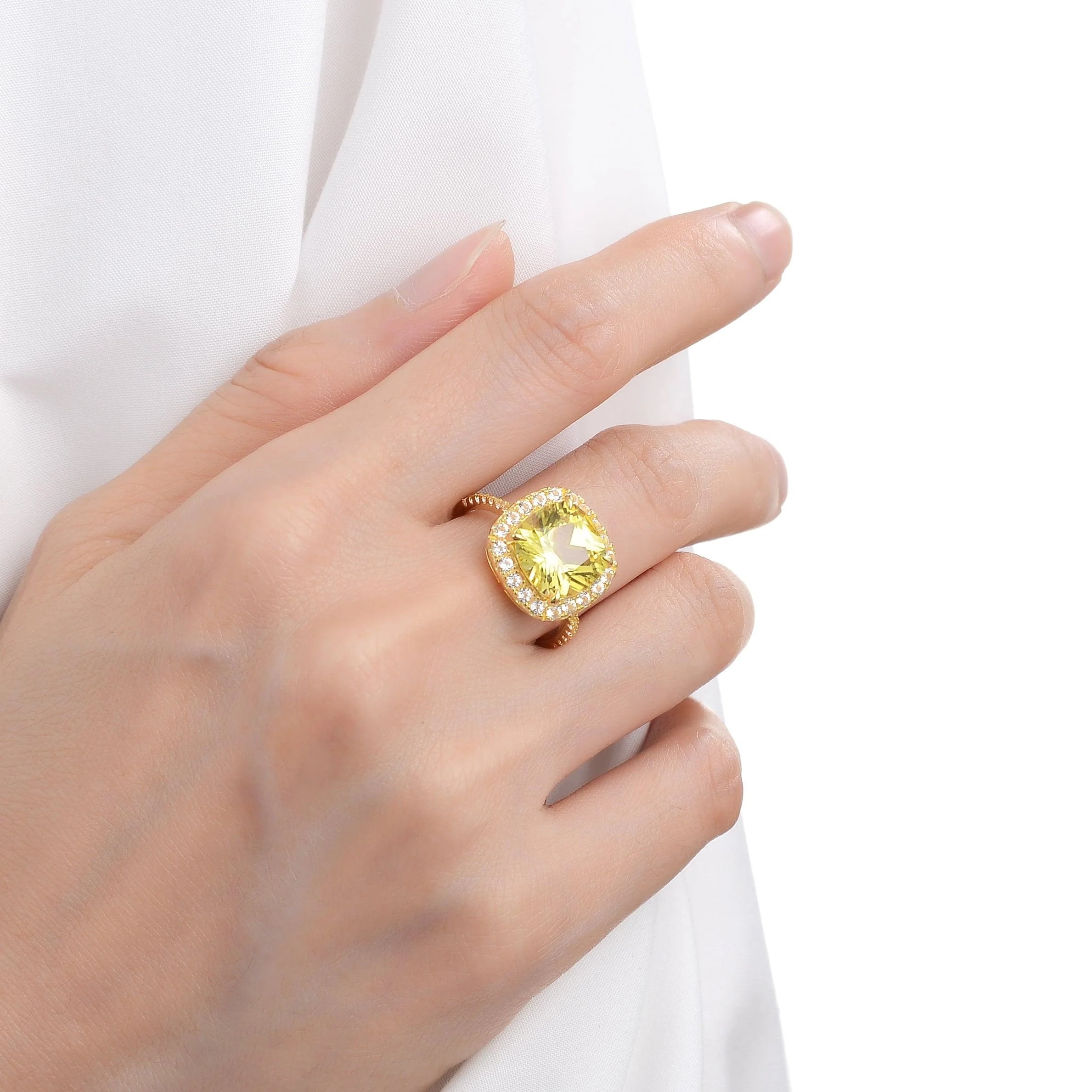 Fine Color Jewels Lab Grown Canary Yellow Sapphire Halo Ring 925 Sterling Silver 18K Yellow Gold Plated 4 Ct Cushion Cut  Women's
