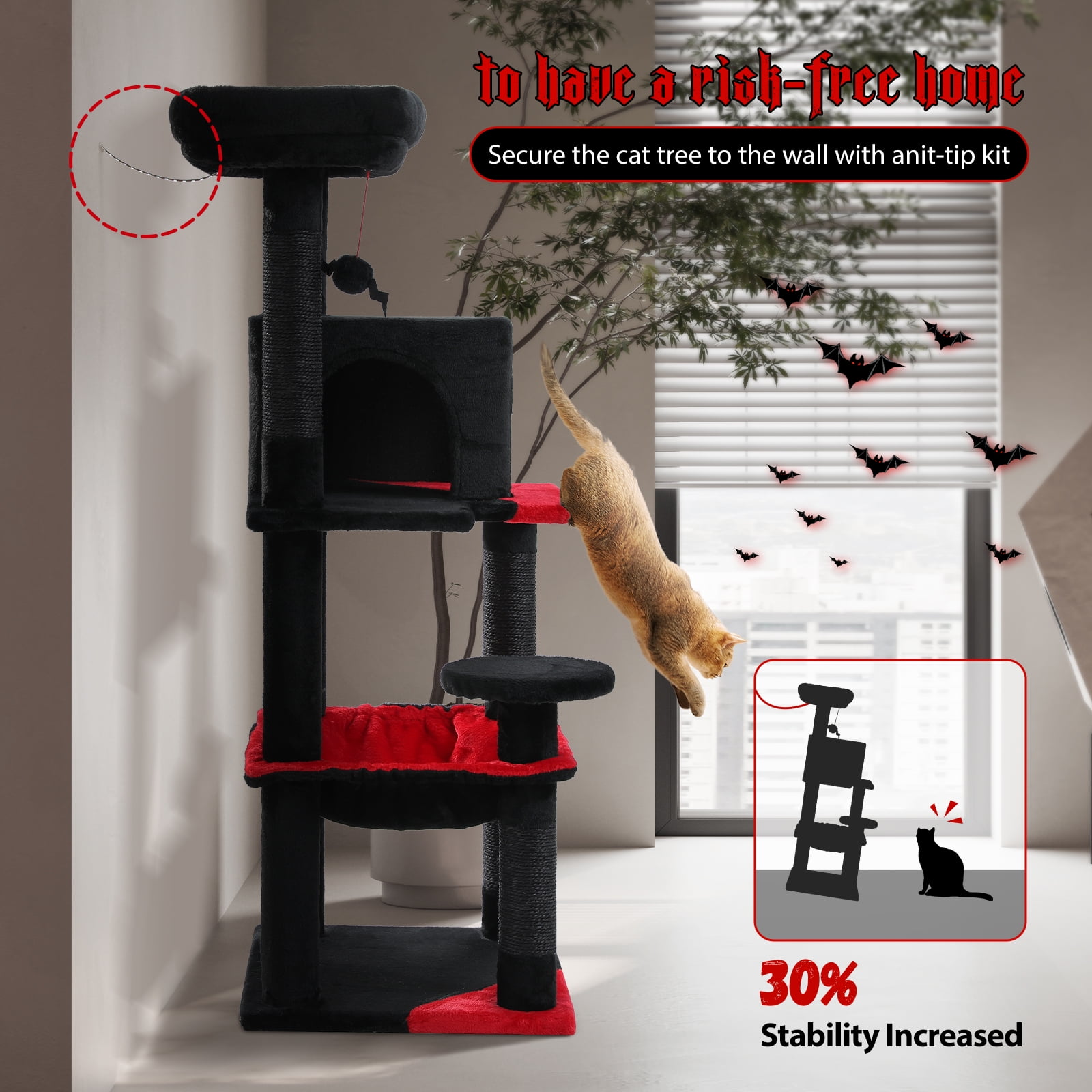 resenkos 45" Modern Cat Tree House, Cat Condo for Indoor Cats, Activity Center Cat Scratching Tower for Kittens Toy, Black