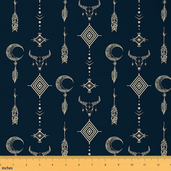 Manfei Hippie Bull Skull Fabric by the Yard (1 Yard), Boho Dreamcatcher Decorative Fabric by the Yard, Bohemian Aztec Sewing & Crafting Fabric, Stylish Bedroom Decorative