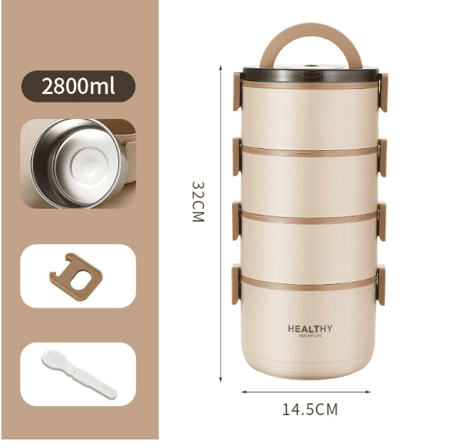 Insulated Lunch Box, 304 Stainless Steel Insulated Lunch Box, 4-Tier 2800ml Large Capacity Divided Lunch Box, Multi-Layer Portable Lunch Container, Office Worker & Student Lunch Box, Khaki