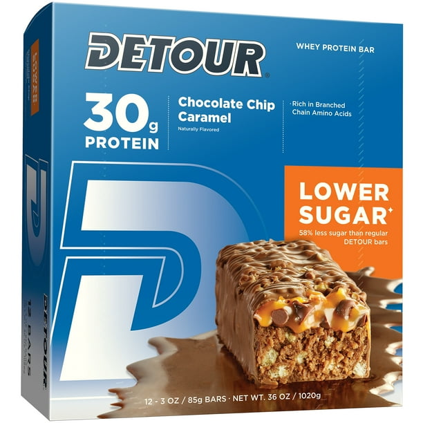 Detour Lower Sugar Protein Bar, Chocolate Chip Caramel, 30g Protein, 12 ...