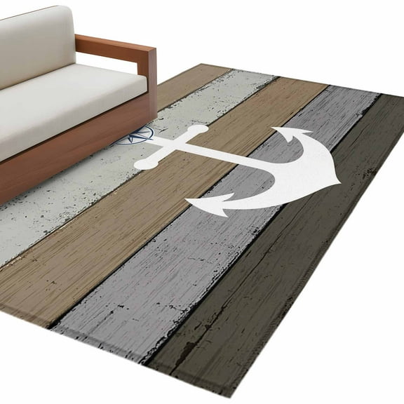 Anchor Brown Area Rug 3x5 FT, Non Slip Entryway Bedside Carpet, Nautical Grey Rustic Farmhouse Wood Grain Washable Soft Floor Carpet Indoor Mat Non-Shedding Throw Rug for Dorm Kitchen Home Office