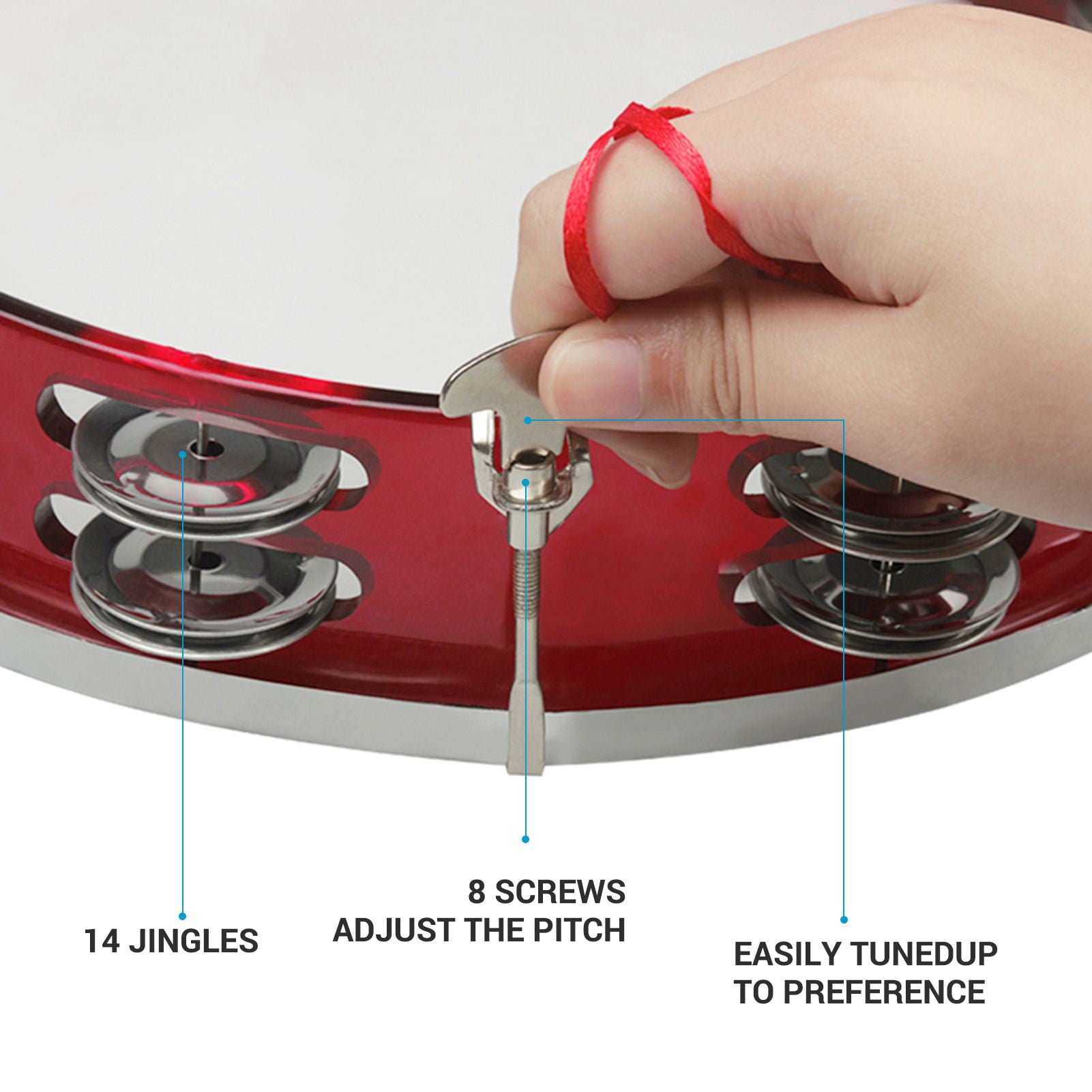 Tambourine for Kids 10 Inch Handheld Red Tambourine Double Row Percussion Drum Set Musical Toy for Performance Adults Kids Tuning Key