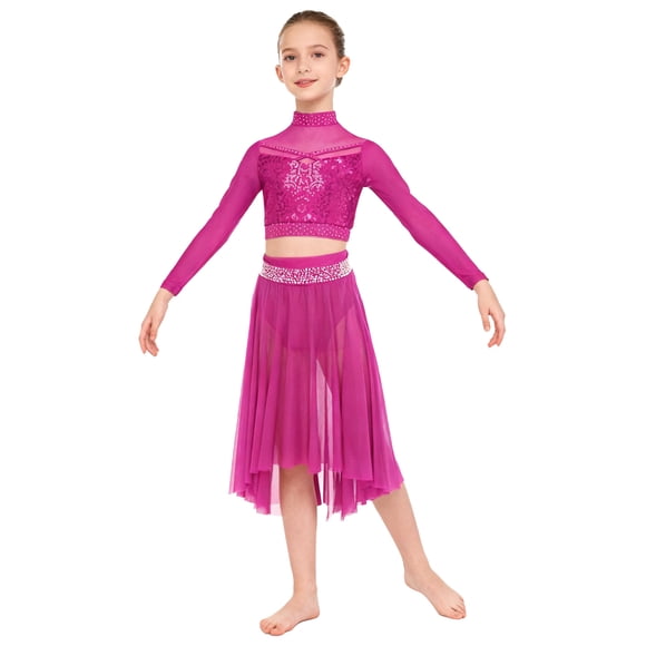 YiZYiF Kids Girls Sparkly 2 Piece Jazz Ballet Lyrical Dance Costumes Sequins Long Sleeve Crop Top with Mesh Skirt Set Hot Pink 6