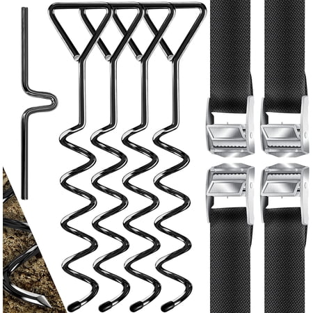 4 ground anchors, ground anchors, 9-piece set, attachment for trampoline, swing, gazebo, party tent, garden shed, swing, tent, made of 1 cm diameter steel for screwing in + 4 straps + turning