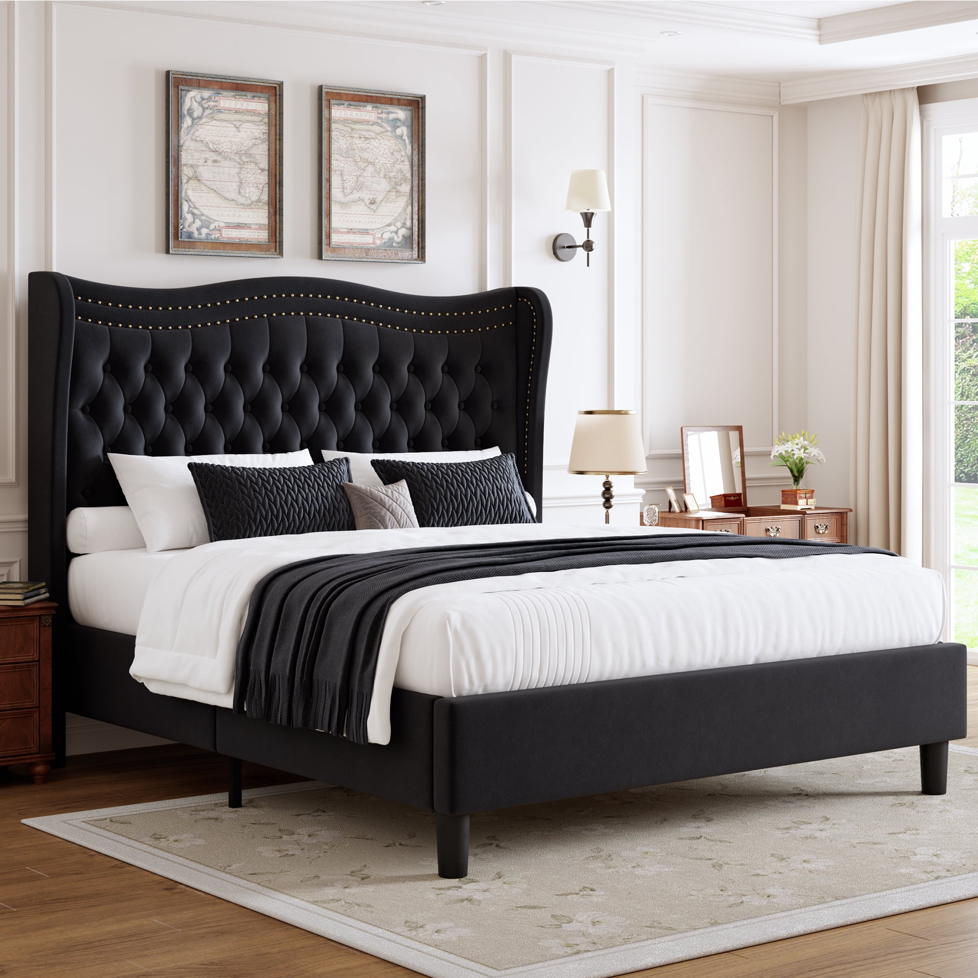 BSHTI Full Size Upholstered Bed Frame with Wingback Headboard – Velvet Diamond Tufting & Double Nail Trim, No Box Spring Needed, Black