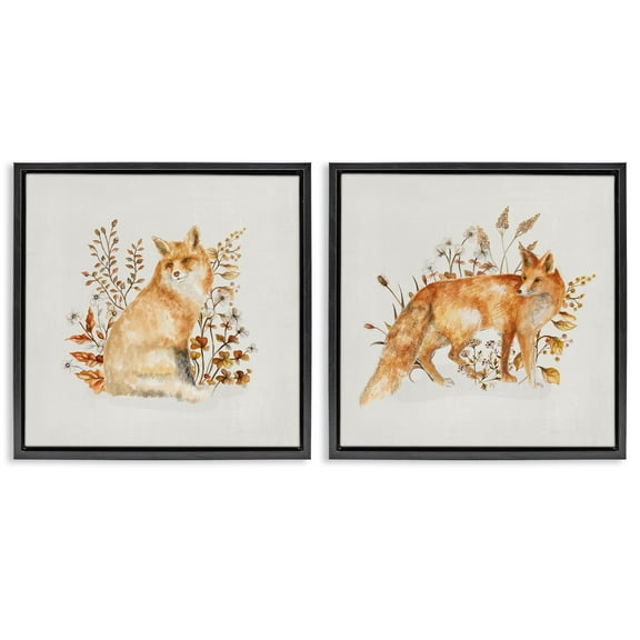 Stupell Industries Fluffy Red Fox Autumn Leaves Animals Painting Black Floater Framed Canvas Art Print Wall Art, 18 x 18, Set of 2