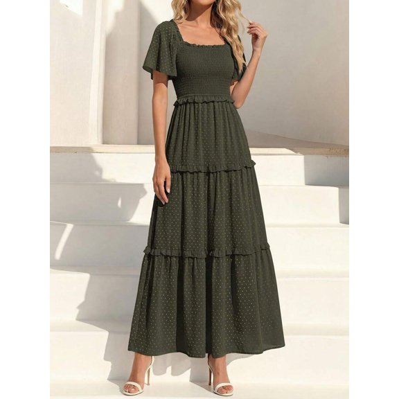 Army Green Bohemian Swiss Dot Smocked Square Neck Short Sleeve Maxi Dress For Spring Wedding Guest & Vacation