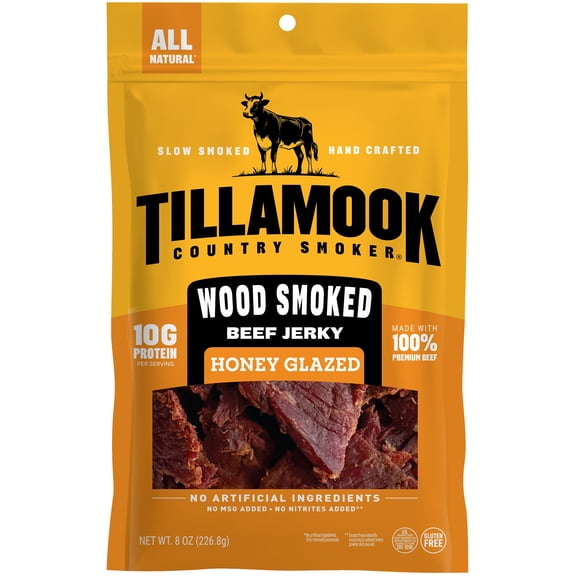 Tillamook Country Smoker Beef Jerky, Honey Glazed, 10g Protein per Serving, 8 Oz Bag
