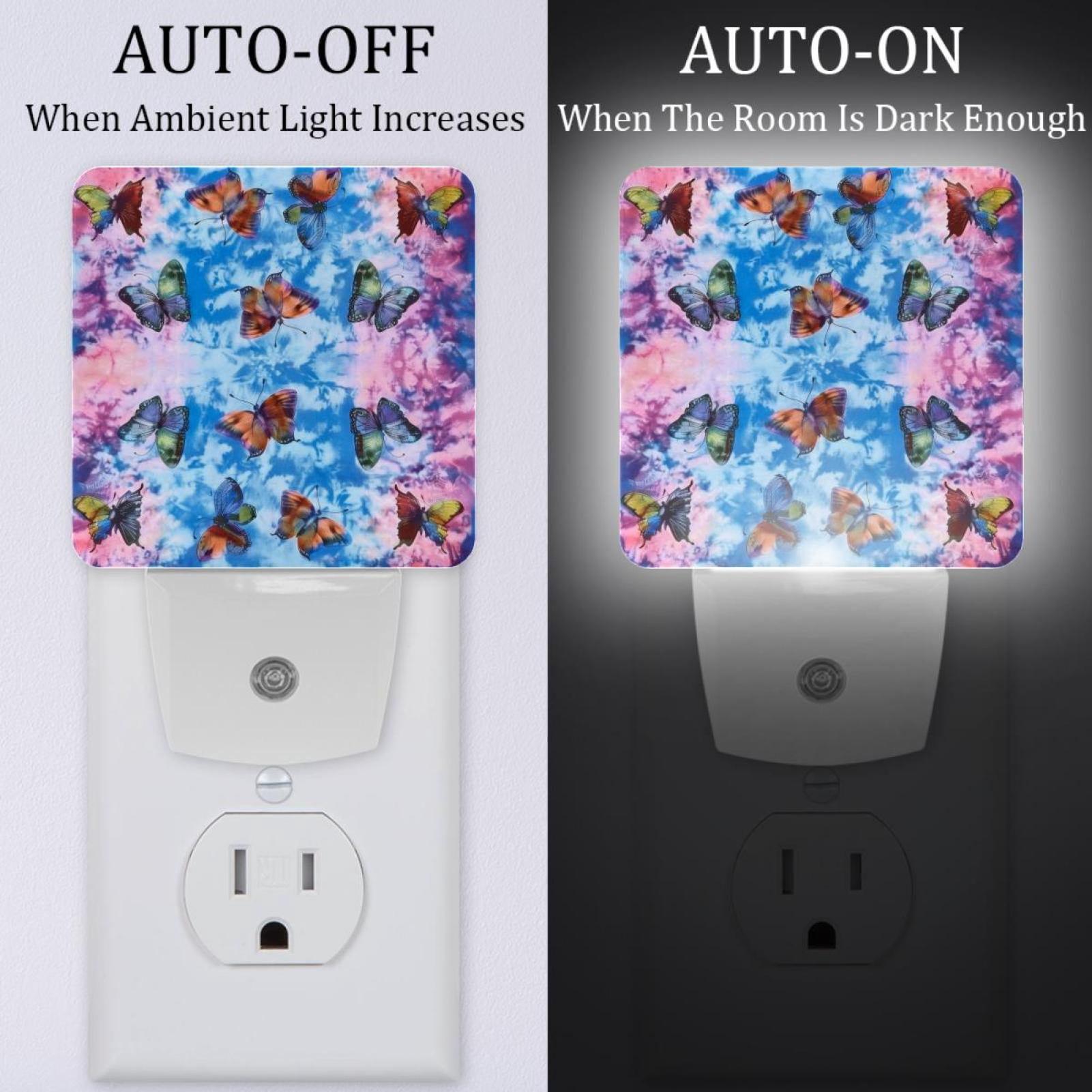 PhooArto Tie Dye Butterflies Plug in LED Night Light Auto Sensor Dusk to Dawn Decorative Night for Bedroom, Bathroom, Kitchen, Hallway, Stairs, Baby's Room, Energy Saving