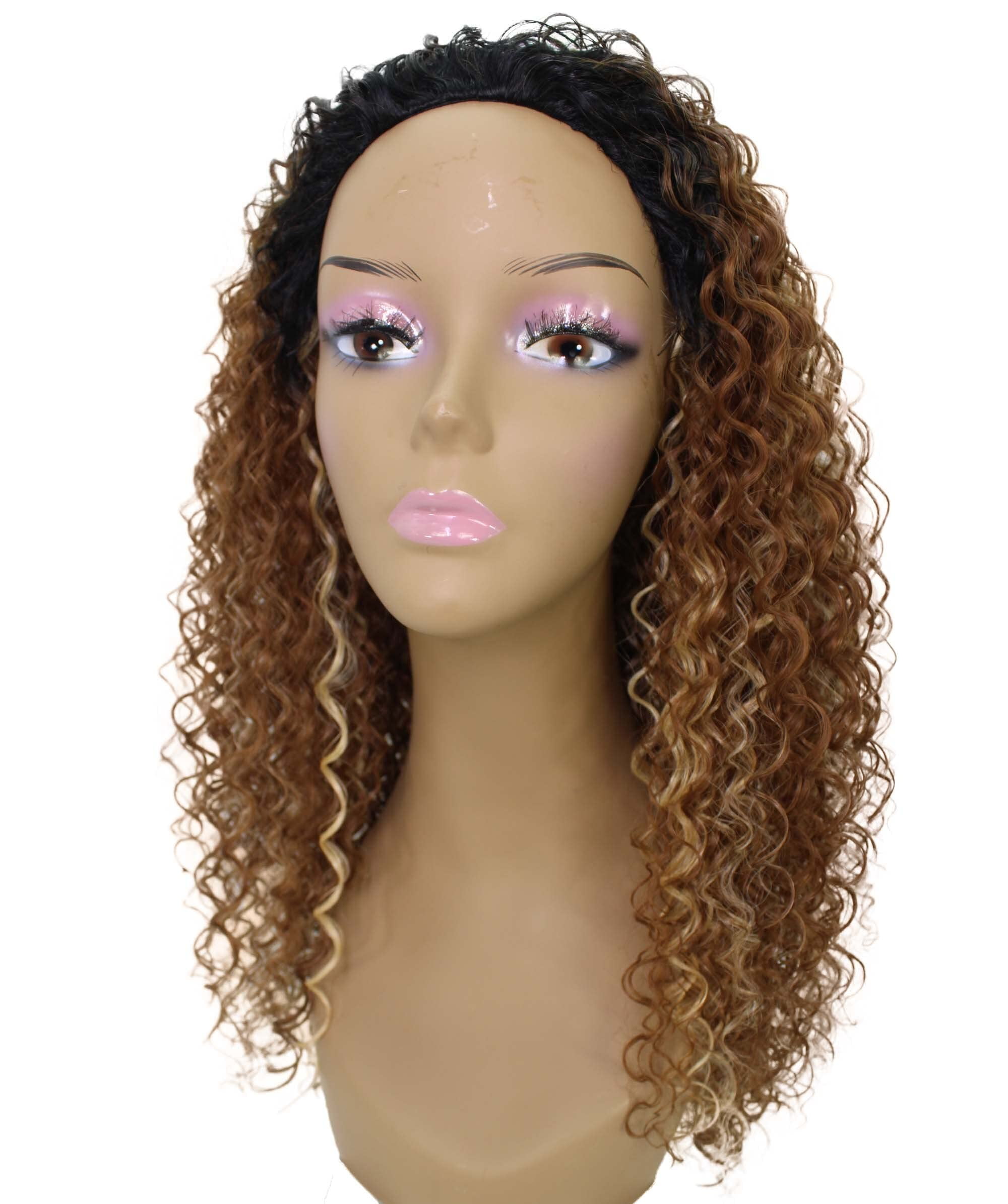 LUXLUXE Isadora Curly Body Waves 22.5 in Long Half Wig Half Cap Wig, Mix Human Hair and Synthetic Fibers, Copper Blonde to Black Blend