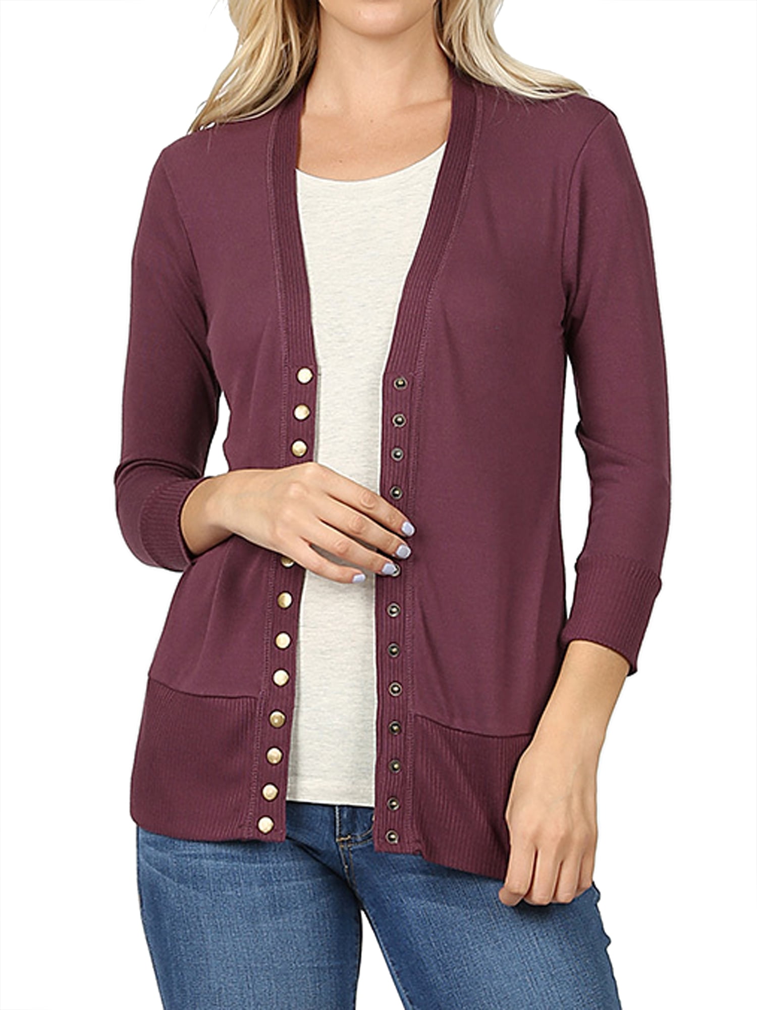 Women Classic Thin Snap Button Front VNeck Button Down 3/4 Sleeve