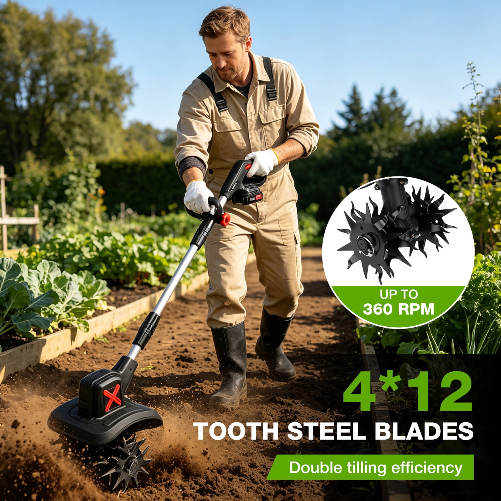 SHALL 21V Cordless Tiller Cultivator, 360RPM Electric Garden Tiller with 2 * 2.0Ah Batteries & Fast Charger, 8" Width and 6" Depth Garden Rototiller for Lawn, Gardening, Soil Cultivation