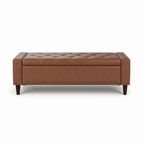 60 Inch Storage Ottoman Bench with Faux Leather Upholstery, Brown