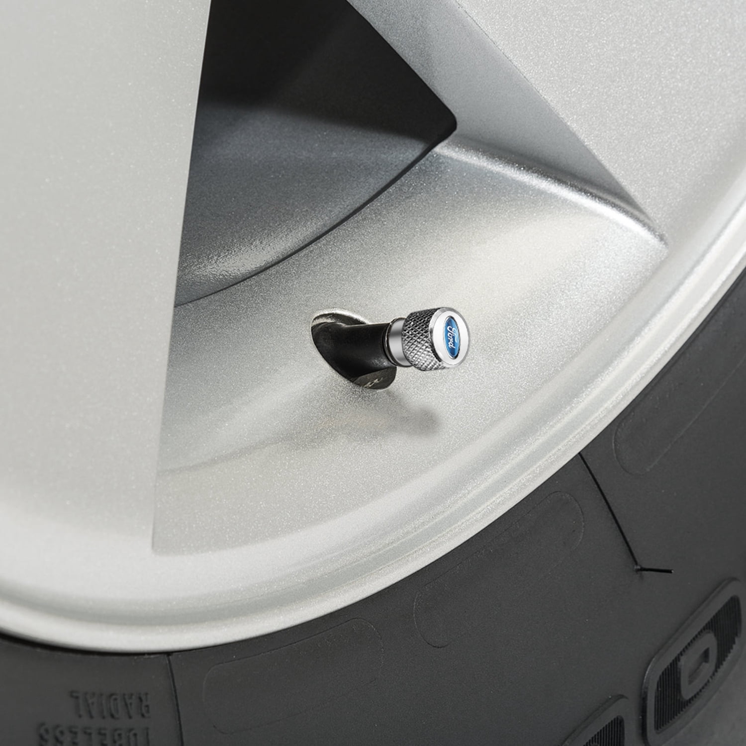 Lincoln logo in White on Shining Silver Aluminum Tire Valve Stem Caps