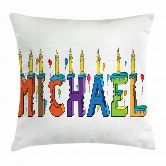 Michael Throw Pillow Cushion Cover, Festive Gathering Theme Colorful Birthday Cake Design Joyous Composition of Letters, Decorative Square Accent Pillow Case, 18 X 18 Inches, Multicolor, by Ambesonne