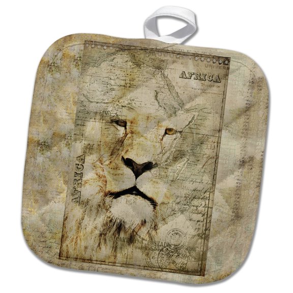 3dRose, African Lion Mixed Media Art Vintage Style, 8x8 Potholder