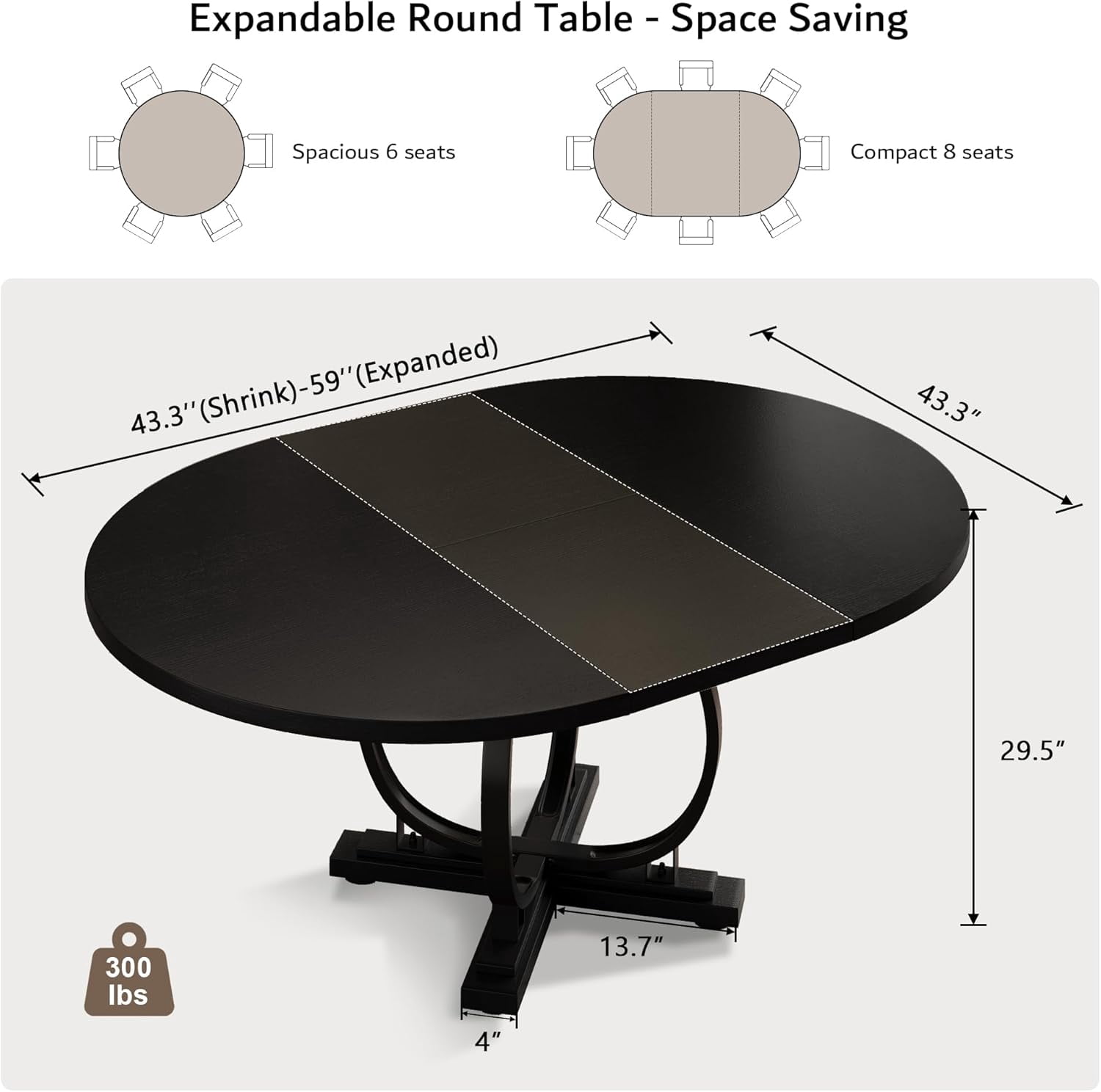 iPormis 59'' Extendable Round Dining Table for 4 to 8, Kitchen Table with Sturdy X-Base Metal Legs, MDF Board , Space Saving, Easy Assembly,Black