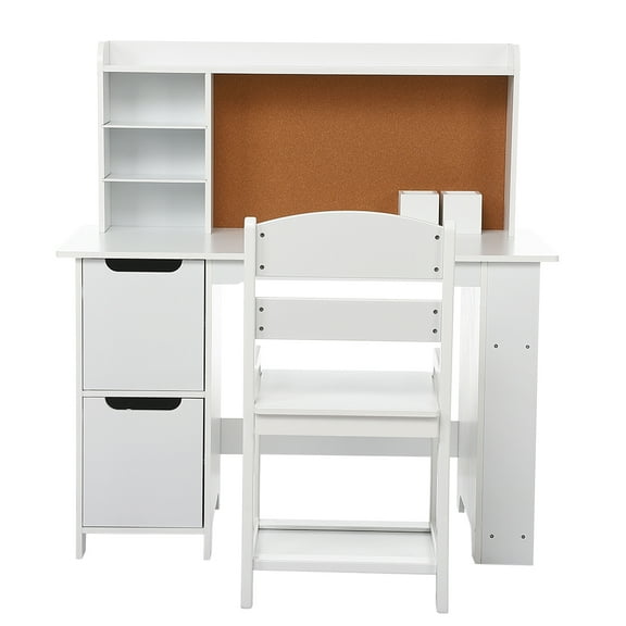 Huloretions Kids Study Desk With Chair,Wooden Children School Study Table With Bookshelf,Bulletin Board and Cabinets For Boys And Girls