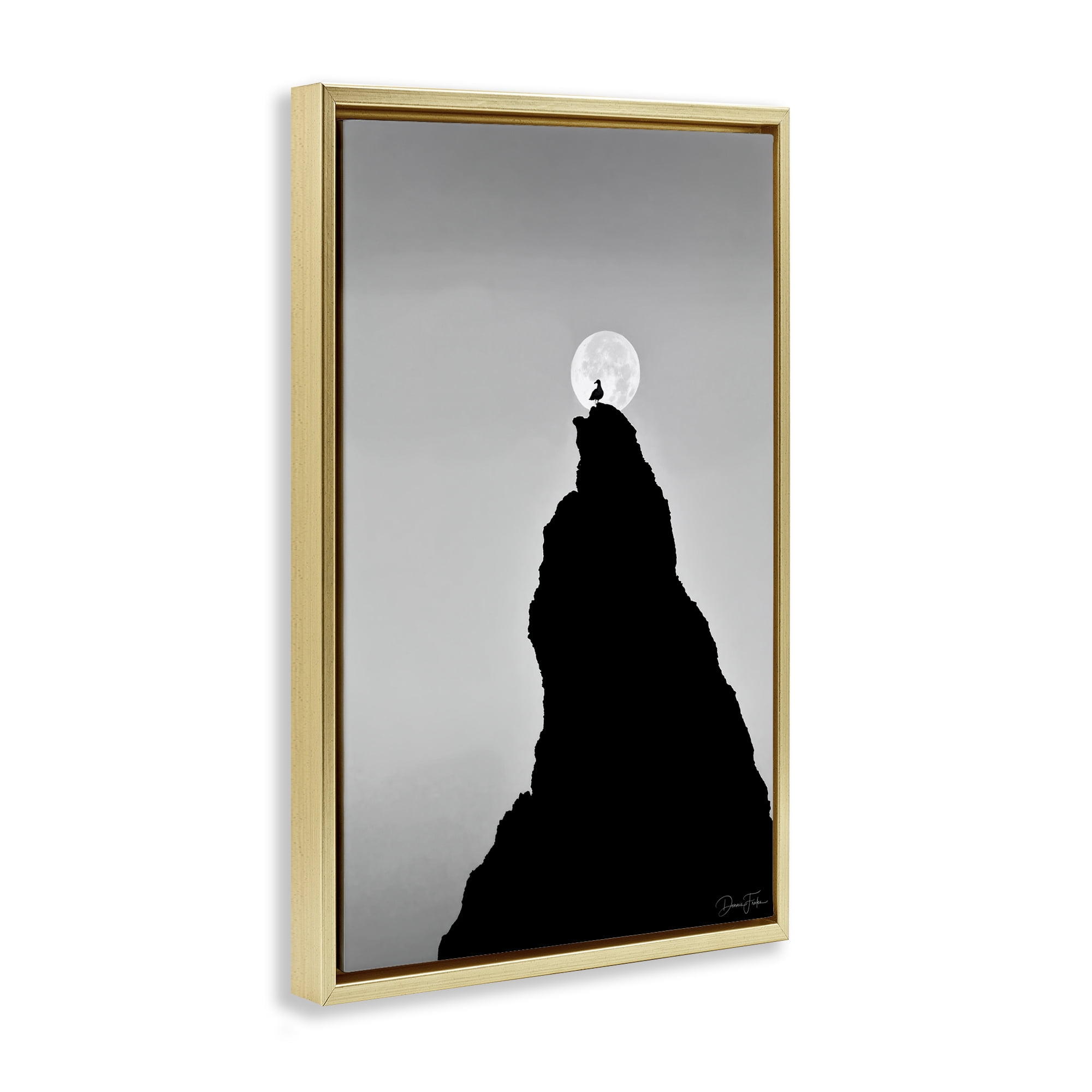 Stupell Industries Bird Silhouette on Peak Landscape Photography Gold Floater Framed Art Print Wall Art, 21 x 31