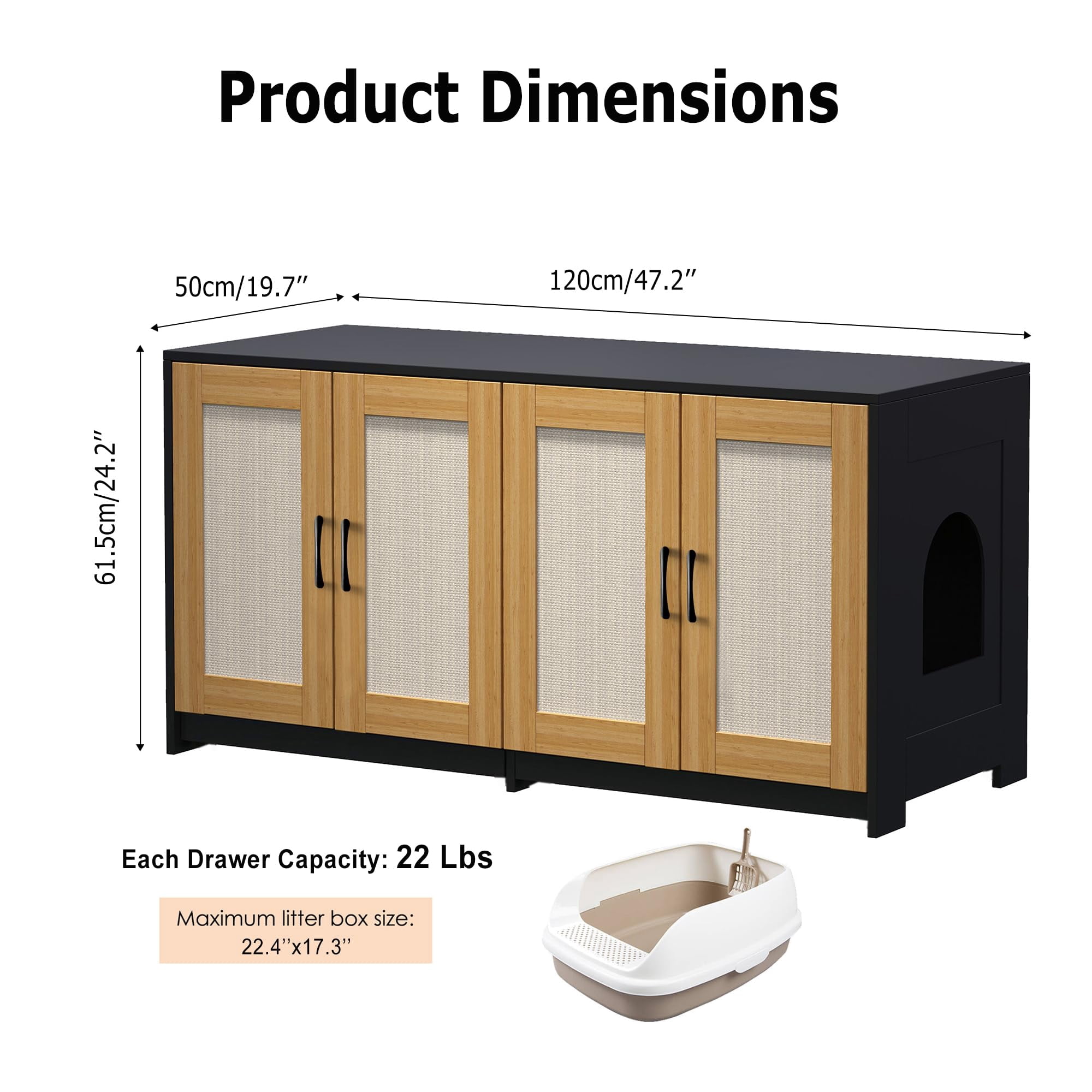 Garvee Litter Box Enclosure for 2 Cats, 47.2" Large Wood Hidden Litter Box Furniture for 2 Boxes with Sisal Doors and Sliding Drawers, Indoor Cat House TV Stand