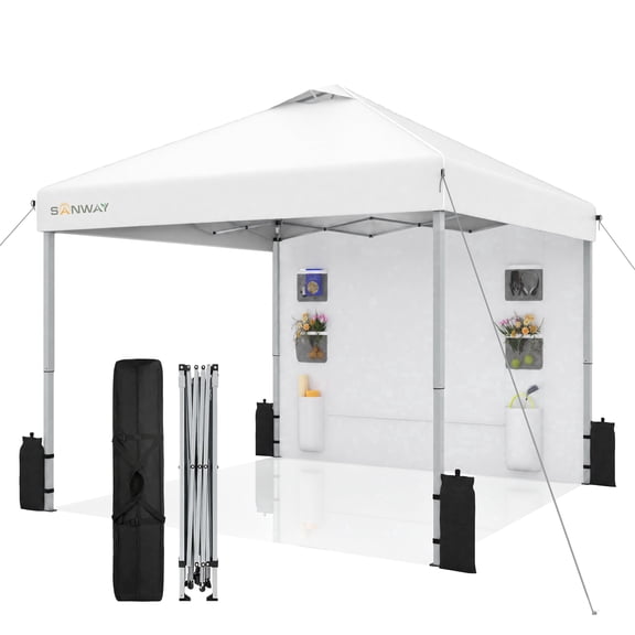 SANWAY 10x10 Pop Up Canopy with Sidewalls, Heavy Duty Instant Canopy Tent for Parties, Events, Camping, One Person Setup - Silver White