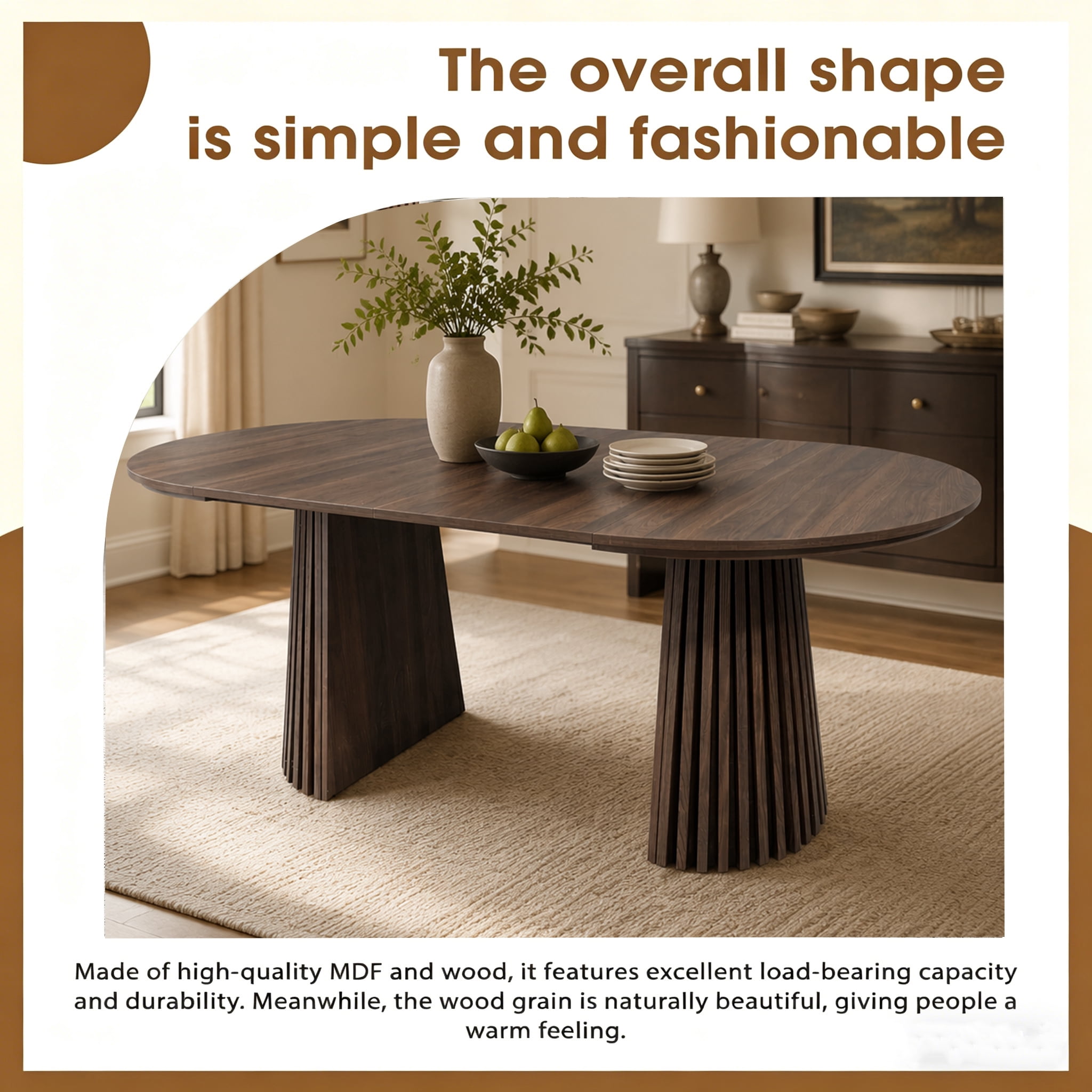Dining Table 70.87 Inch, Extendable Kitchen Table with Oval Top and Slatted Wood Legs, Space-Saving MDF Table for Living Room and Dining Room, Walnut