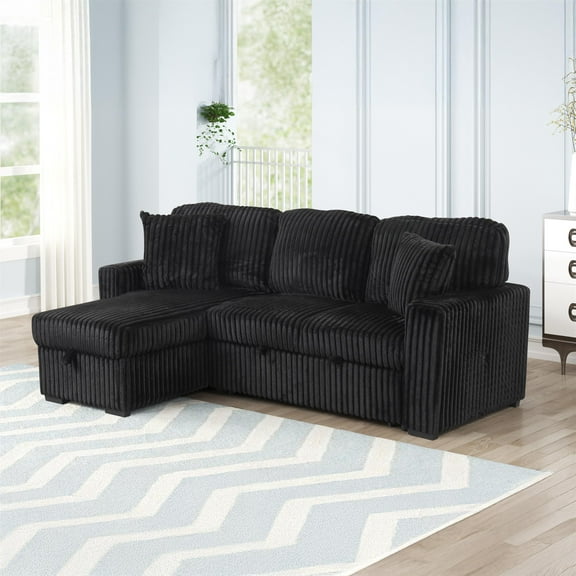 Plush Sectional made with Wood and Soft Corduroy Wood in Black
