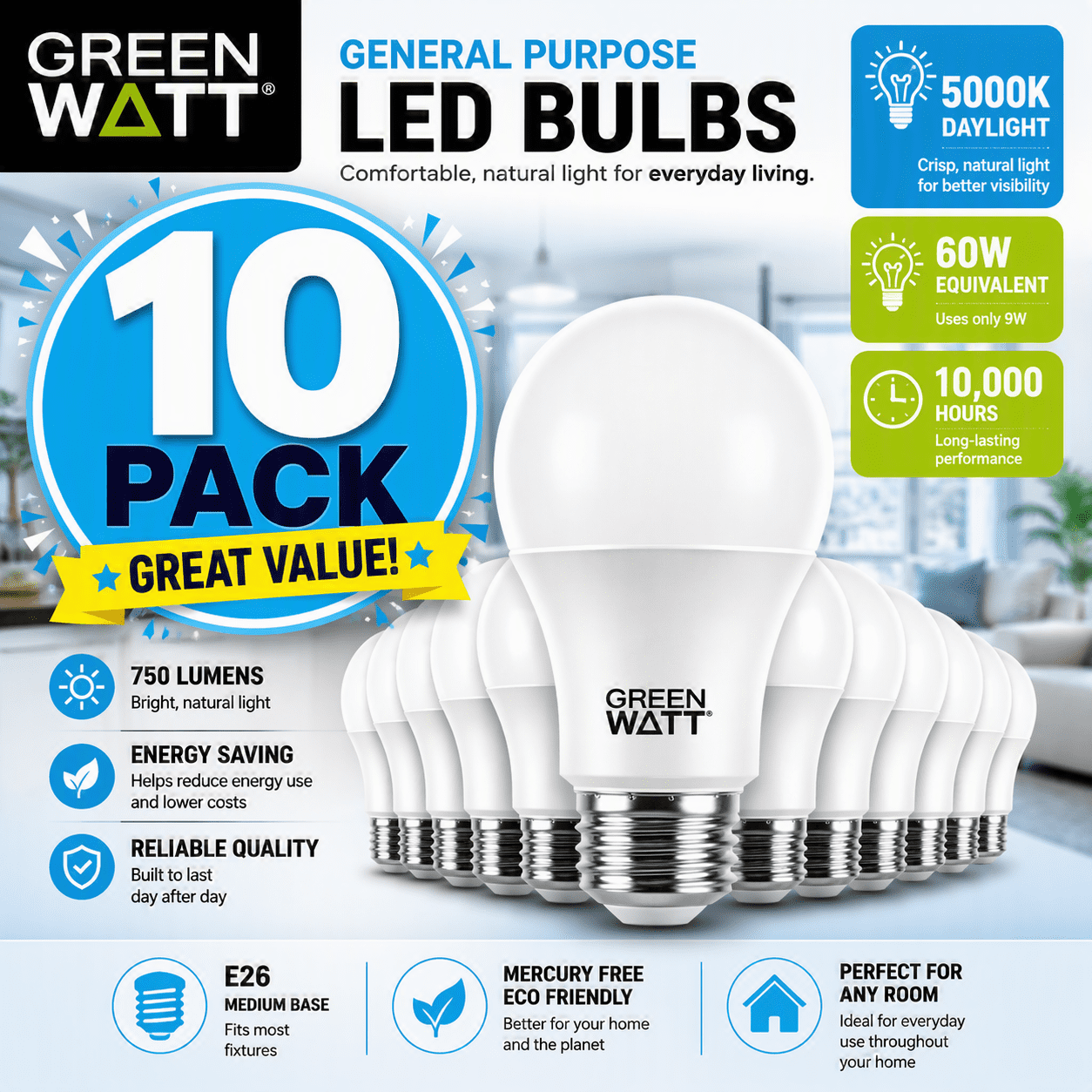 Green Watt A19 LED Light Bulbs 60W Equivalent, 750 Lumens, Daylight White 5000K, Energy-Saving 9W, Standard E26 Base, Non-Dimmable, 10-Pack